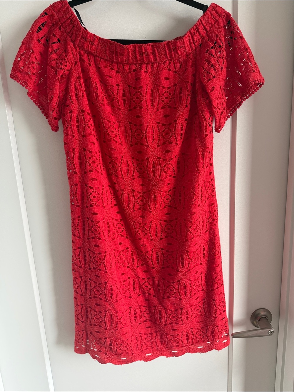 Maggy London Red Lace Off-The-Shoulder Mini Dress